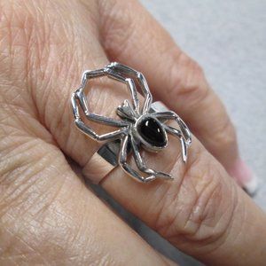 925 Sterling Silver SPIDER Ring with Black ONYX Stone> Crawling Arachnid Ring